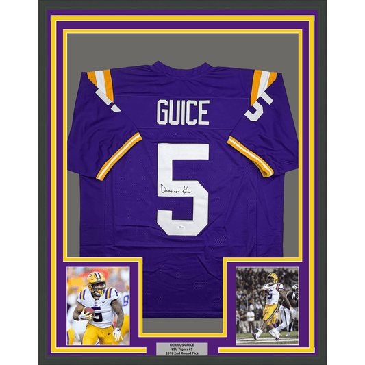 Framed Autographed/Signed Derrius Guice 35x39 LSU Purple College Football Jersey JSA COA