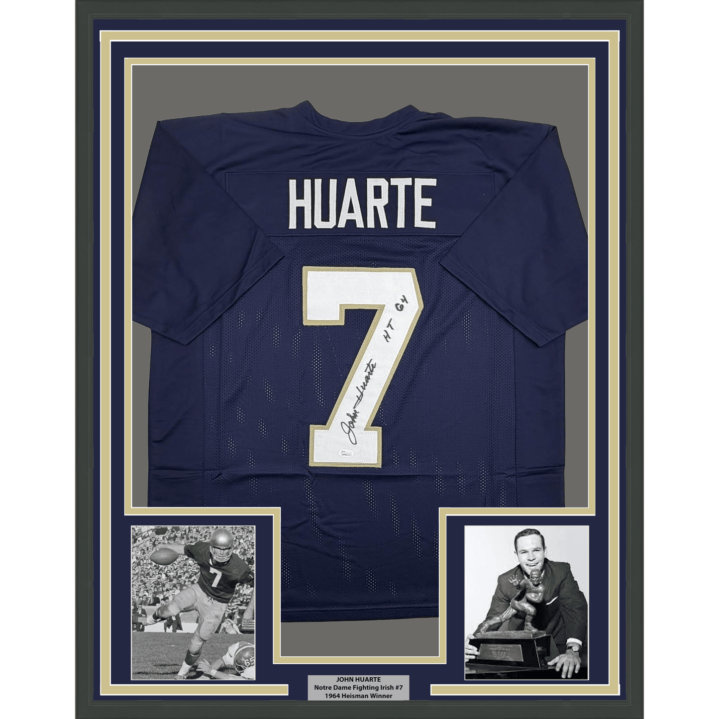 Framed Autographed/Signed John Huarte 35x39 HT 64 Notre Dame Blue College Football Jersey JSA COA
