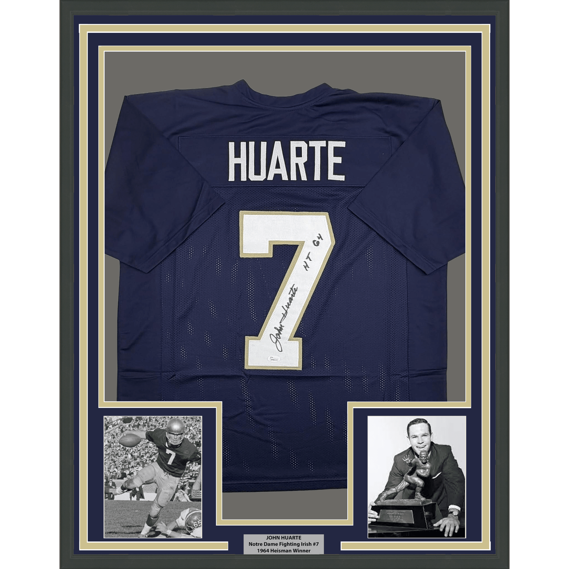Framed Autographed/Signed John Huarte 35x39 HT 64 Notre Dame Blue College Football Jersey JSA COA