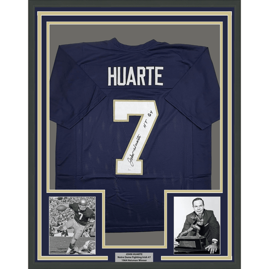 Framed Autographed/Signed John Huarte 35x39 HT 64 Notre Dame Blue College Football Jersey JSA COA