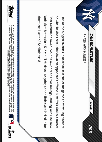 2026 Topps Now Cam Schlittler #206 Black Foil /10 Dazzles with 9Ks in Winning Subway Series Debut New York Yankees Rookie RC Baseball Card