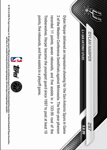 2025 Topps Now Dylan Harper #297 Rookie Shines in 38 Point Triumph As Spurs Even Series San Antonio Spurs Rookie RC Basketball Card