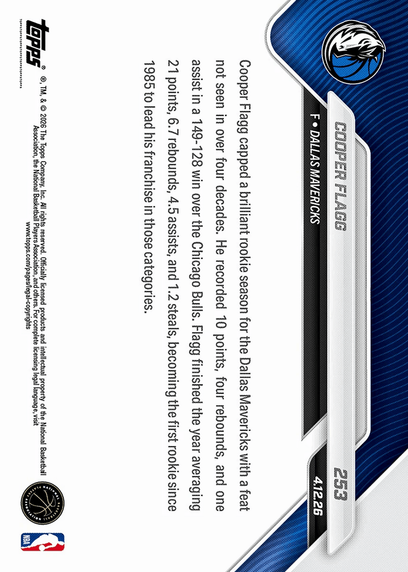 2025 Topps Now Cooper Flagg #253 1st Rookie Since '85 to Lead Team in Pts/Reb/Ast/Stl Dallas Mavericks Rookie RC Basketball Card