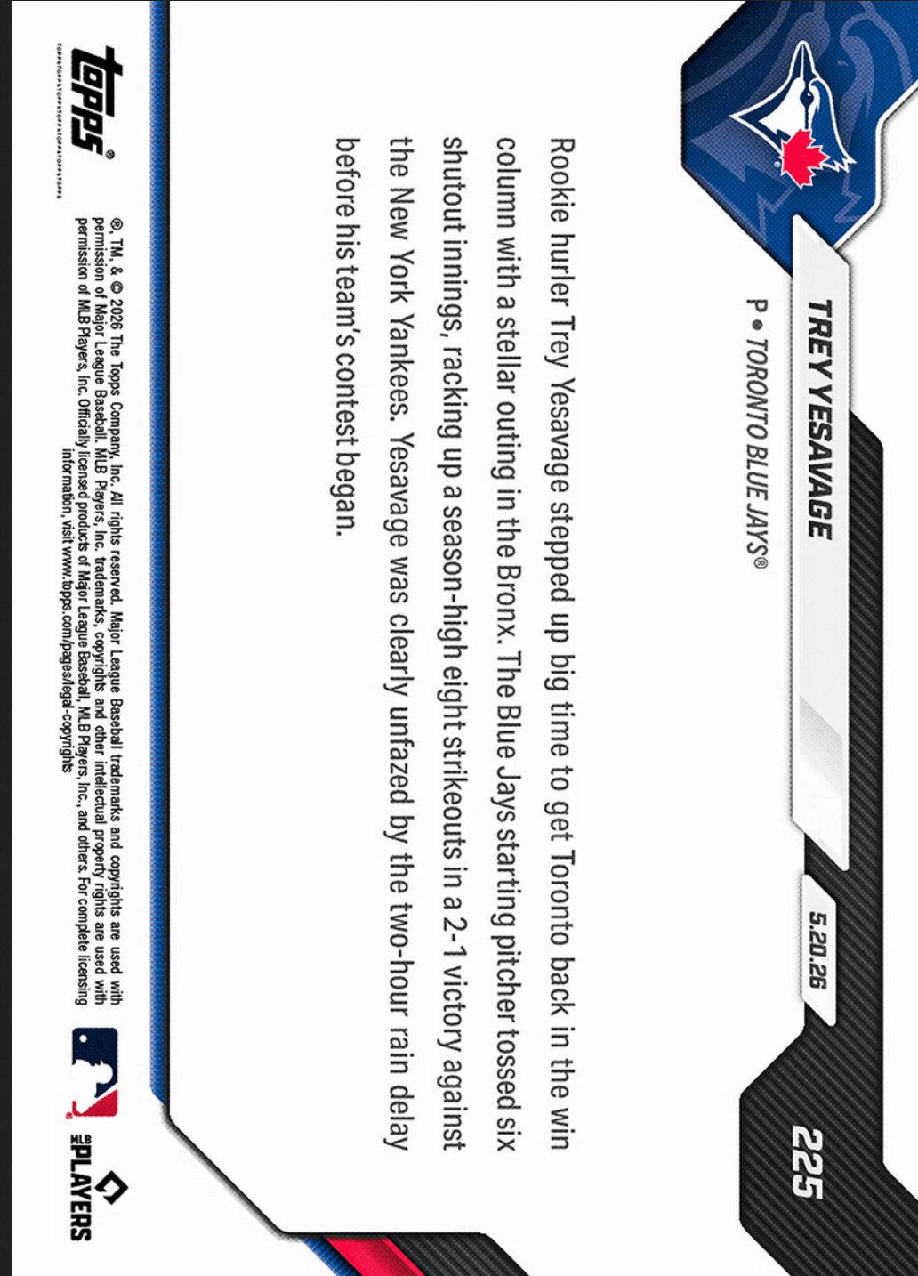 2026 Topps Now Trey Yesavage #225 Orange Foil /25 Outduels Schlittler in Match Up of Rookie Hurlers Toronto Blue Jays Rookie RC Baseball Card
