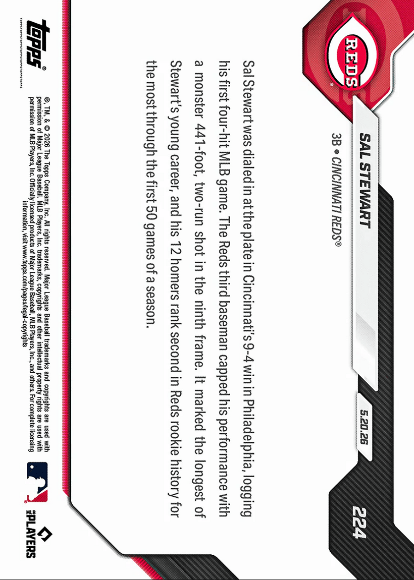 2026 Topps Now Sal Stewart #224 441 Foot Moonshot Secures 1st 4 Hit MLB Game in Win Cincinnati Reds Rookie RC Baseball Card