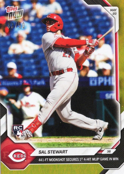 2026 Topps Now Sal Stewart #224 Gold Foil /50 441 Foot Moonshot Secures 1st 4 Hit MLB Game in Win Cincinnati Reds Rookie RC Baseball Card