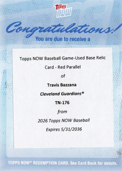 2026 Topps Now Travis Bazzana #176 Red Relic Redemption /5 Top Prospect's 1st Home Run Caps Off Memorable Night Cleveland Guardians Rookie RC Baseball Card