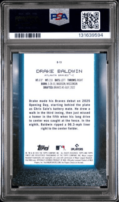 Graded 2025 Topps Finest Drake Baldwin #D13 Debut Blue Refractor /99 Rookie RC Baseball Card PSA 10 Gem Mint