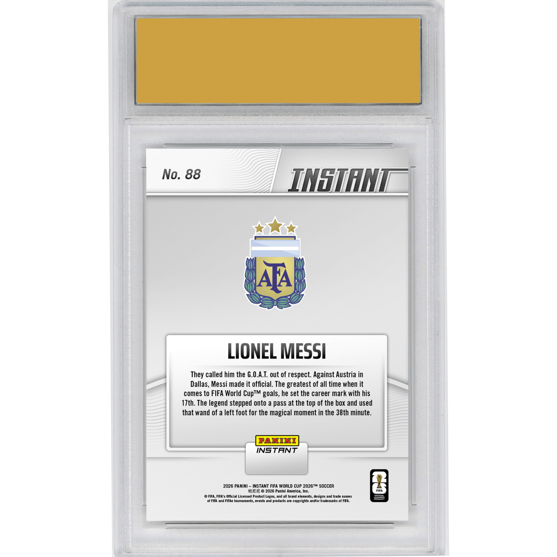 Graded 2026 Panini Instant FIFA World Cup Lionel Messi #88 Argentina Legend Sets FIFA World Cup Goals Mark Argentina Soccer Card HOFSM 10 Gem Mint