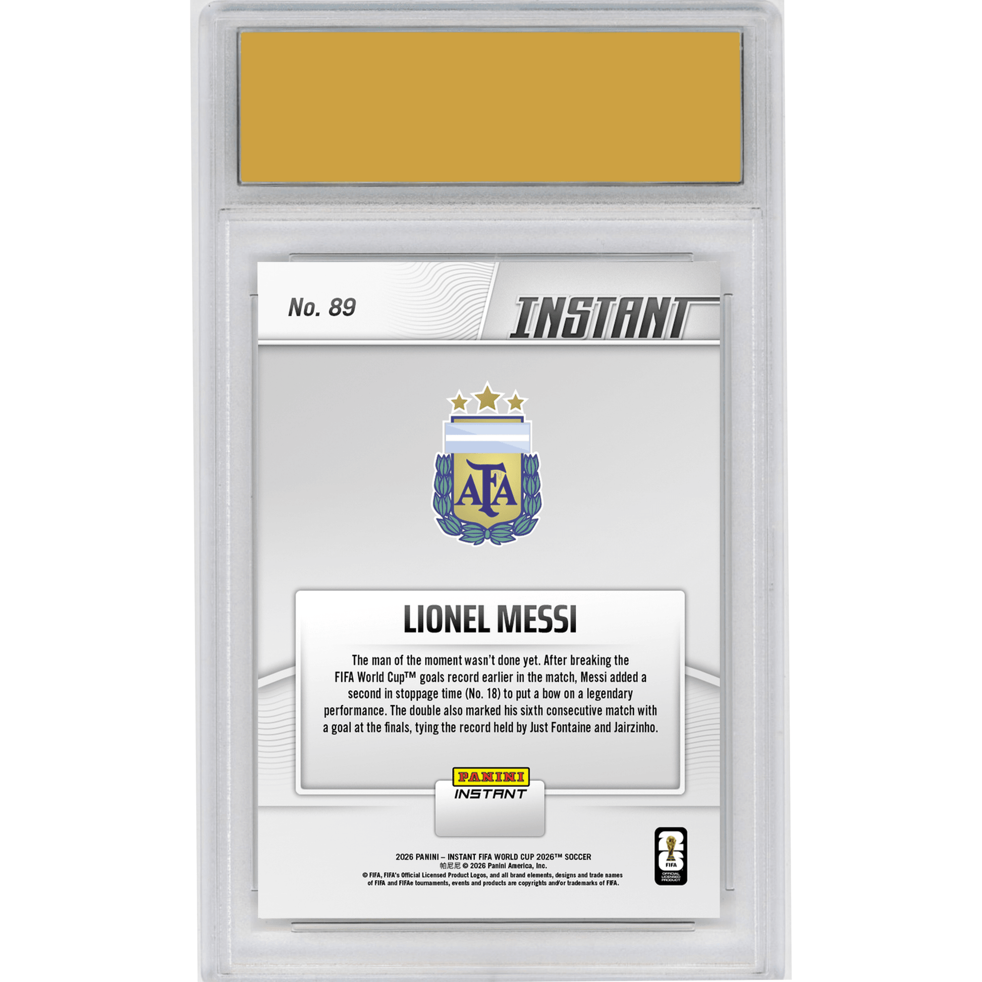 Graded 2026 Panini Instant FIFA World Cup Lionel Messi #89 Messi On Top of The World with Historic Double Argentina Soccer Card HOFSM 10 Gem Mint