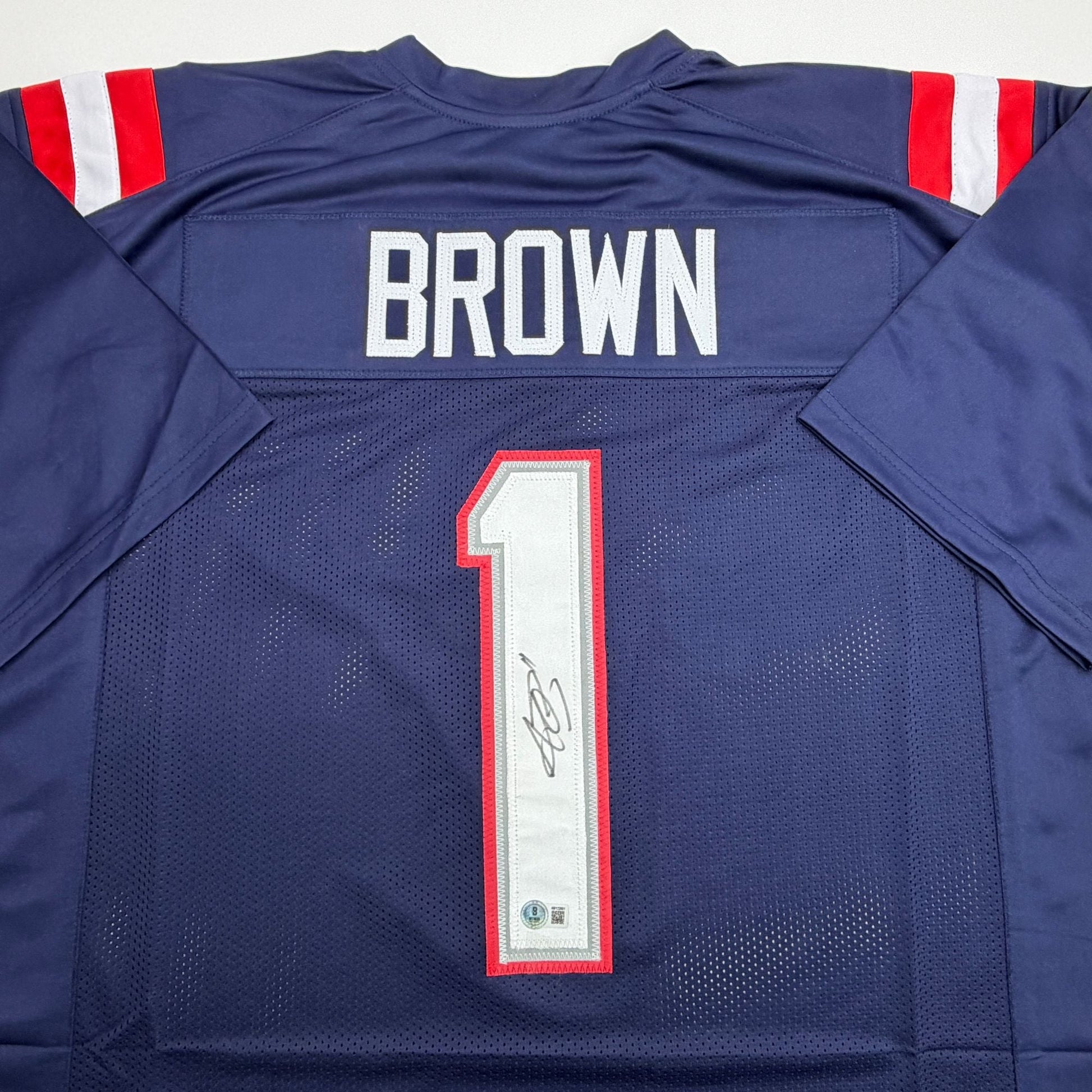 Autographed/Signed AJ A.J. Brown New England Patriots Blue Football Jersey Beckett BAS COA