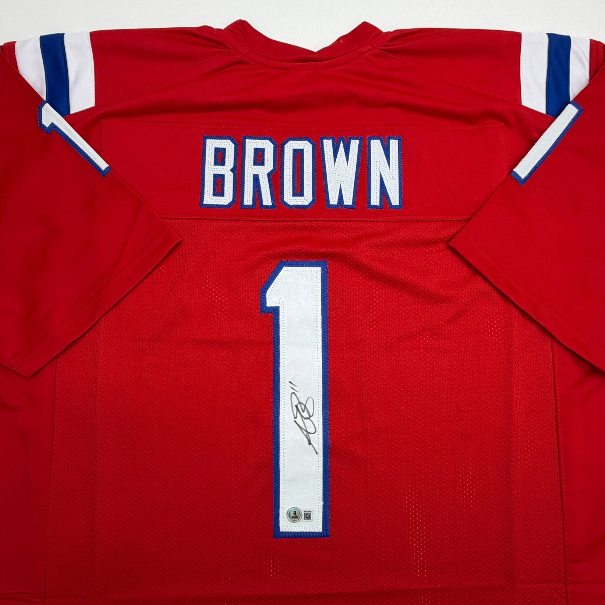 Autographed/Signed AJ A.J. Brown New England Patriots Red Football Jersey Beckett BAS COA