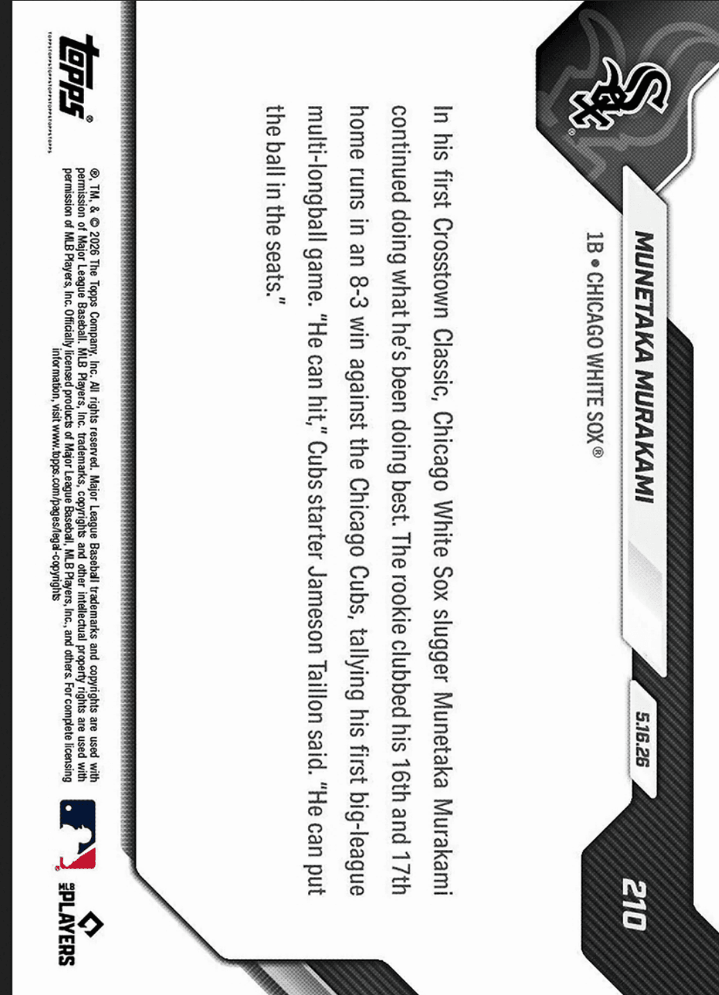 2026 Topps Now Munetaka Murakami #210SP 1st Multi Home Run Game Comes in Rivalry Victory Chicago White Sox Rookie RC Baseball Card