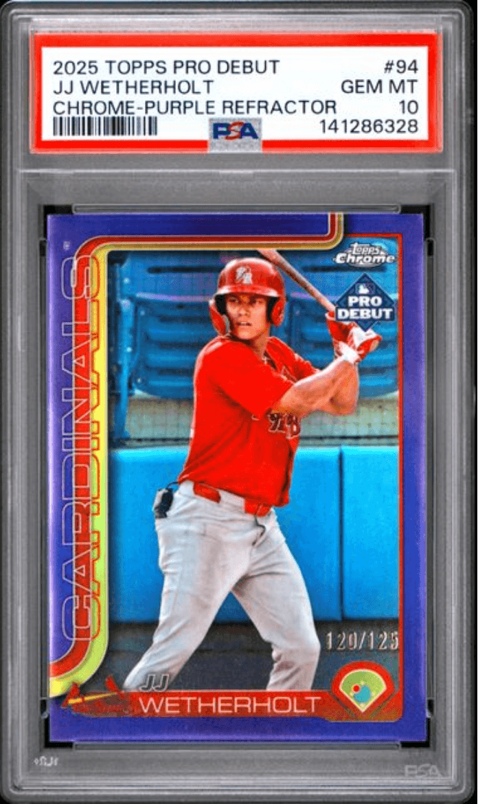 Graded 2025 Topps Pro Debiut JJ Wetherholt #94 Chrome Purple Refractor /125 Rookie RC Baseball Card PSA 10 Gem Mint