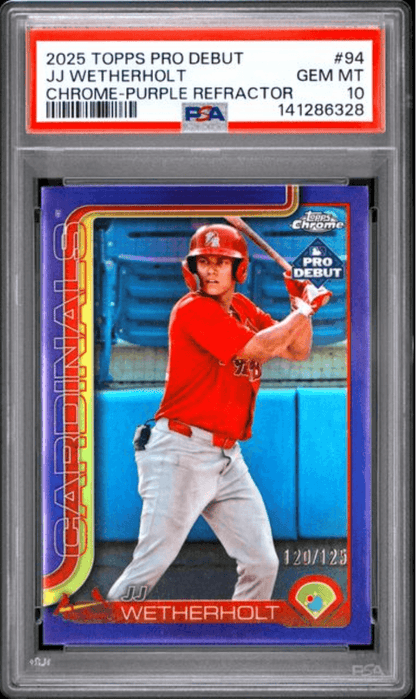 Graded 2025 Topps Pro Debiut JJ Wetherholt #94 Chrome Purple Refractor /125 Rookie RC Baseball Card PSA 10 Gem Mint