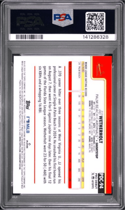 Graded 2025 Topps Pro Debiut JJ Wetherholt #94 Chrome Purple Refractor /125 Rookie RC Baseball Card PSA 10 Gem Mint