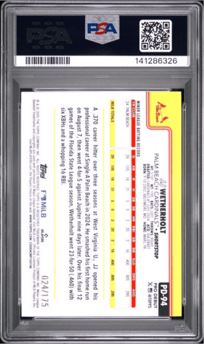 Graded 2025 Topps Pro Debiut JJ Wetherholt #94 Sparkle Foil /175 Rookie RC Baseball Card PSA 10 Gem Mint