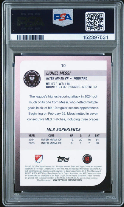 Graded 2025 Topps Chrome MLS Lionel Messi #10 Soccer Card PSA 10 Gem Mint