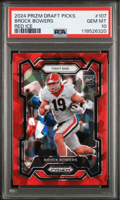 Graded 2024 Panini Prizm Draft Picks Brock Bowers #107 Red Ice Rookie RC Football Card PSA 10 Gem Mint