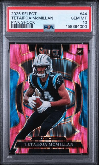 Graded 2025 Panini Select Tetairoa McMillan #44 Pink Shock Rookie RC Football Card PSA 10 Gem Mint
