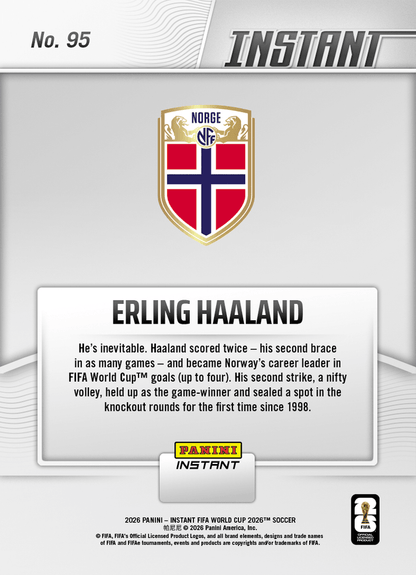 2026 Panini Instant FIFA World Cup Erling Haaland #95 Haaland Pulls Double, Norways Rows to Next Round Norway Soccer Card