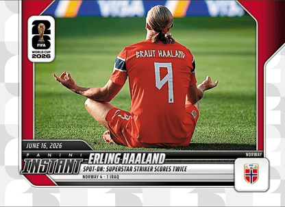 2026 Panini Instant FIFA World Cup Erling Haaland #42 Spot-On: Superstar Striker Scores Twice Norway Soccer Card