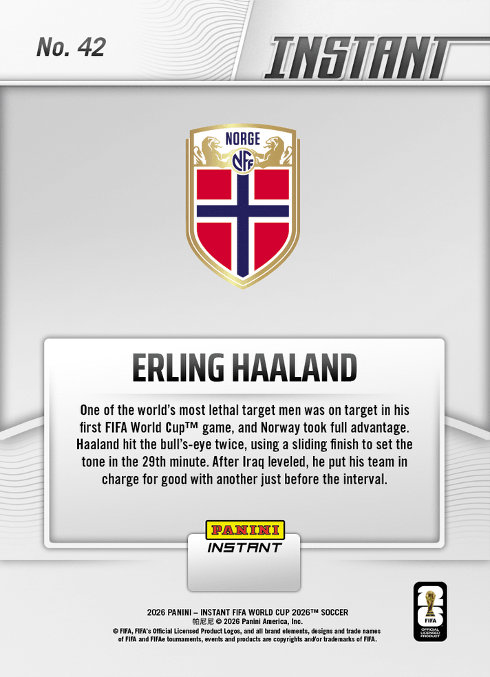 2026 Panini Instant FIFA World Cup Erling Haaland #42 Spot-On: Superstar Striker Scores Twice Norway Soccer Card