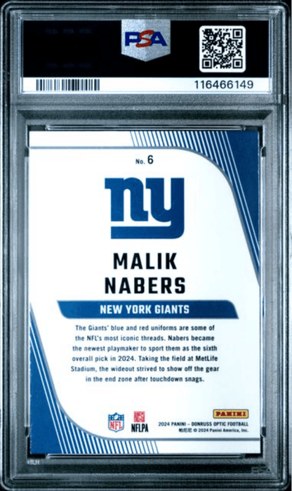 Graded 2024 Panini Donruss Optic Malik Nabers #6 Rookie Primary Colors Rookie RC Football Card PSA 10 Gem Mint