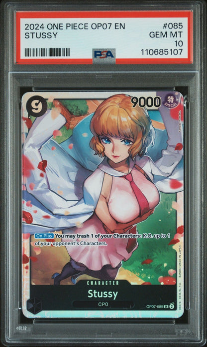 Graded 2024 One Piece Stussy #085 OP07 Super Rare Trading Card Game PSA 10 Gem Mint
