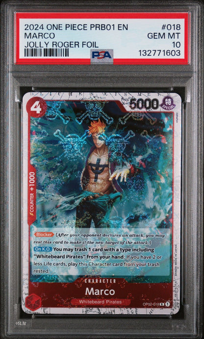 Graded 2024 One Piece Marco #018 Jolly Roger Foil Trading Card Game PSA 10 Gem Mint