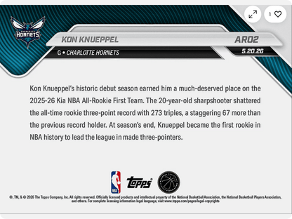 2025 Topps Now Kon Knueppel #AR02 Gold Foil /50 2025-26 KIA NBA All Rookie First Team Selection Charlotte Hornets Rookie RC Basketball Card