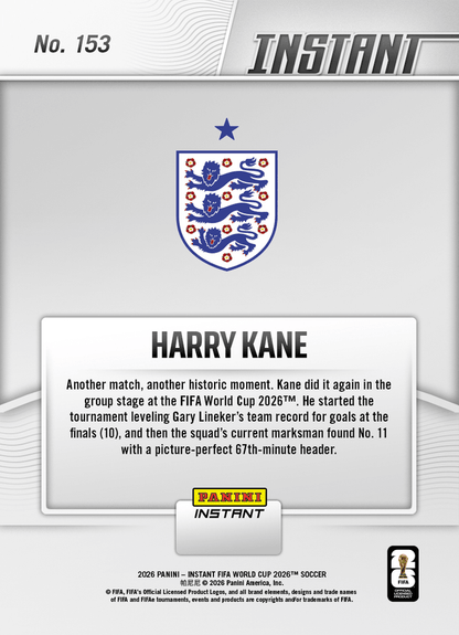 2026 Panini Instant FIFA World Cup Harry Kane #153 Kane Tops Chart, England Tops Group England Soccer Card