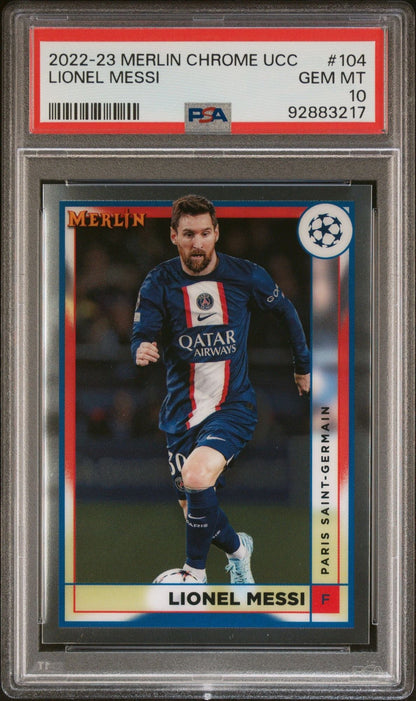 Graded 2022 Topps Merlin Chrome UCC Lionel Messi #104 UEFA Club Competitions Soccer Card PSA 10 Gem Mint