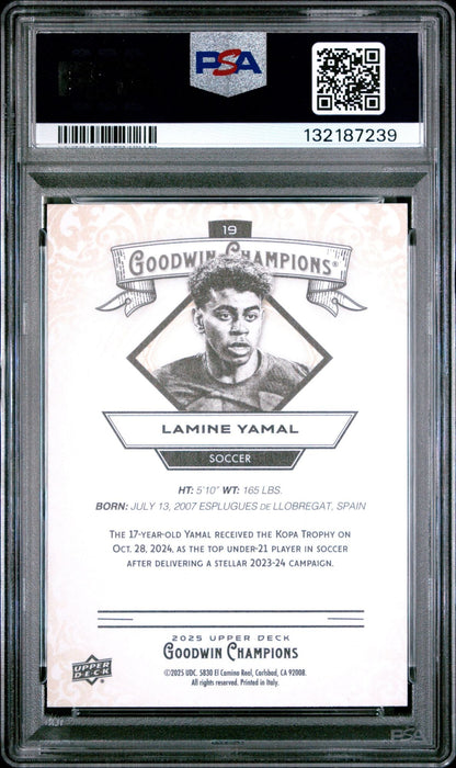Graded 2025 Upper Deck UD Goodwin Champions Lamine Yamal #19 Soccer Card PSA 10 Gem Mint