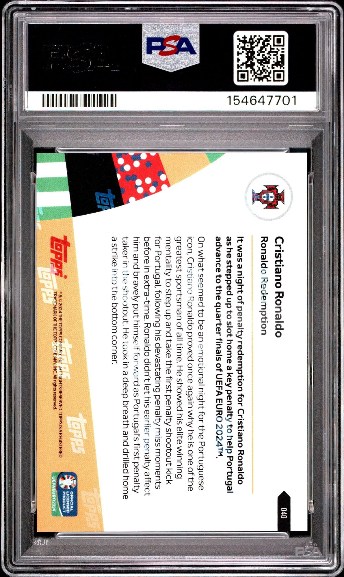 Graded 2024 Topps Now UEFA Euro Cristiano Ronaldo #40 Portugal Soccer Card PSA 10 Gem Mint