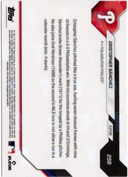 2026 Topps Now Cristopher Sanchez #258 Black Foil /10 Club Mark for Longest Scoreless Innings Pitched Streak Philadelphia Phillies Baseball Card