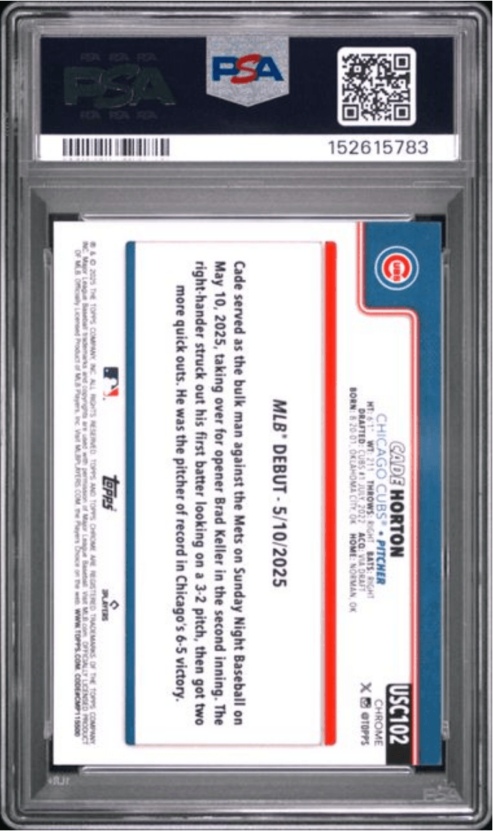Graded 2025 Topps Chrome Update Cade Horton #102 Rookie RC Baseball Card PSA 10 Gem Mint
