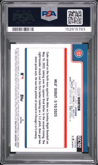 Graded 2025 Topps Chrome Update Cade Horton #102 Rookie RC Baseball Card PSA 10 Gem Mint