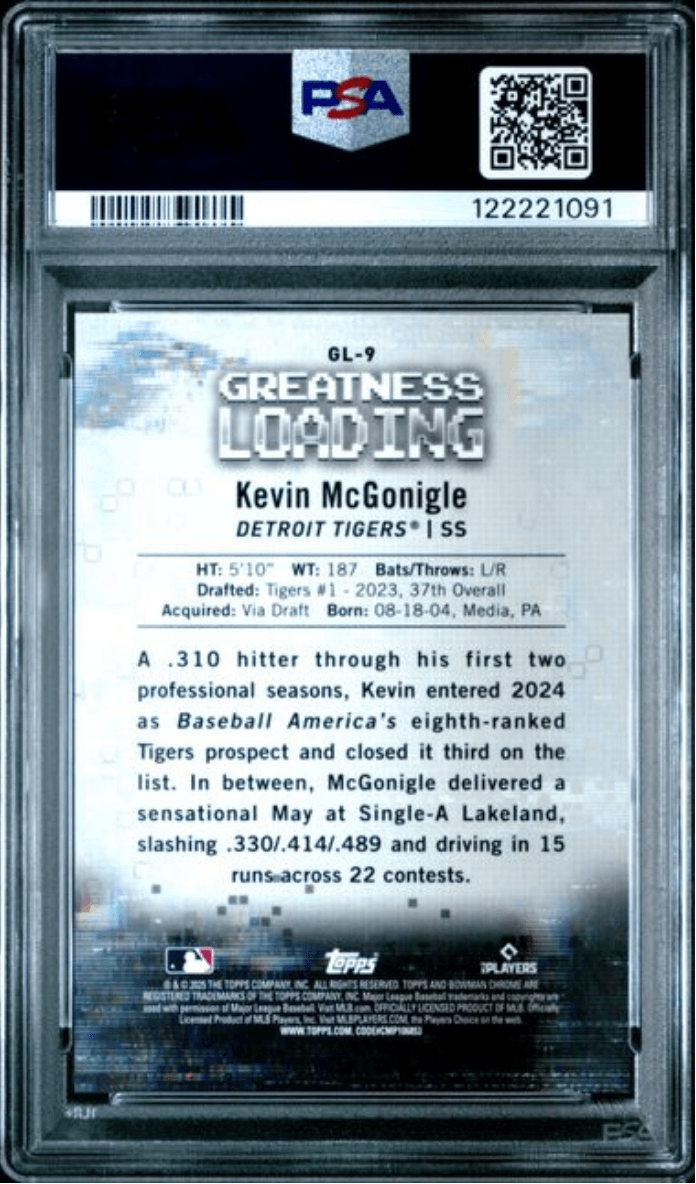 Graded 2025 Topps Bowman Kevin McGonigle #GL9 Greatness Loading Green Refractor /99 Rookie RC Baseball Card PSA 10 Gem Mint