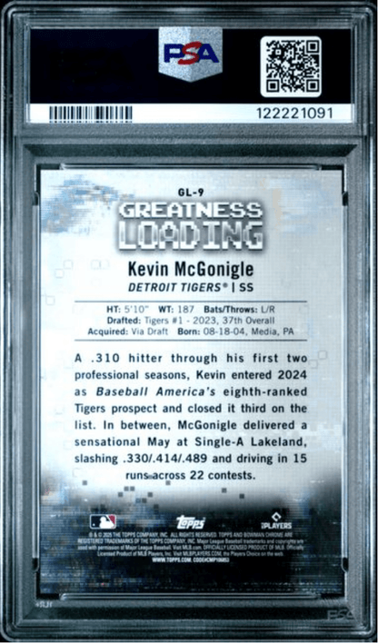 Graded 2025 Topps Bowman Kevin McGonigle #GL9 Greatness Loading Green Refractor /99 Rookie RC Baseball Card PSA 10 Gem Mint
