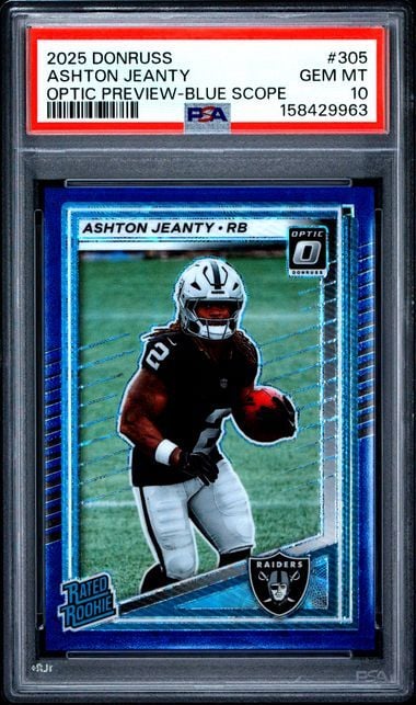 Graded 2025 Donruss Ashton Jeanty #305 Blue Scope Rookie RC Football Card PSA 10 Gem Mint