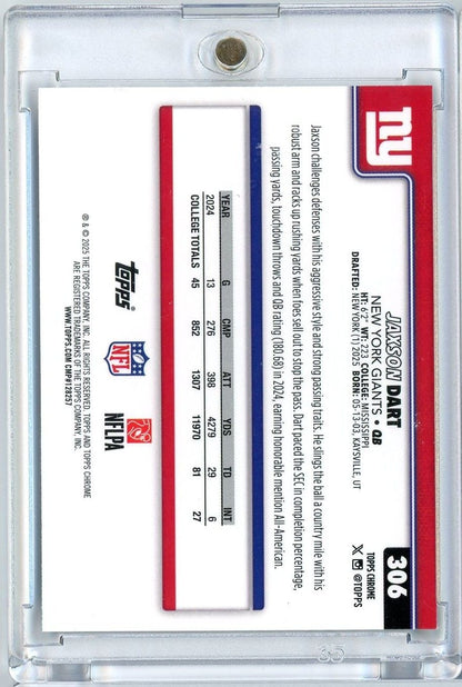 Graded 2025 Topps Chrome Jaxson Dart #306 Neon Pulse Refractor Rookie RC Football Card
