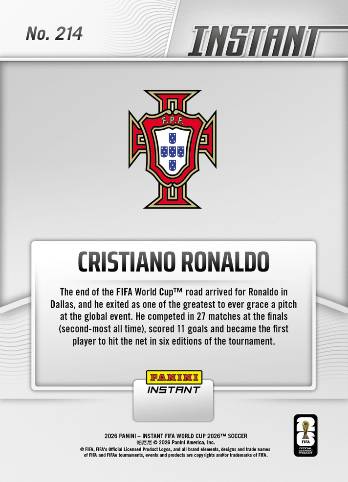 2026 Panini Instant FIFA World Cup Cristiano Ronaldo #214 CR7 Says Farewell to FIFA World Cup Portugal Soccer Card
