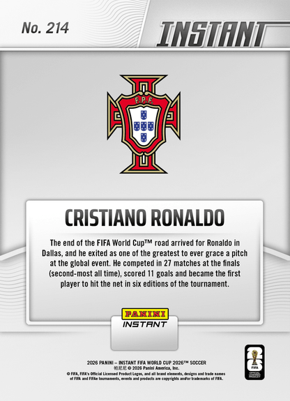 2026 Panini Instant FIFA World Cup Cristiano Ronaldo #214 CR7 Says Farewell to FIFA World Cup Portugal Soccer Card