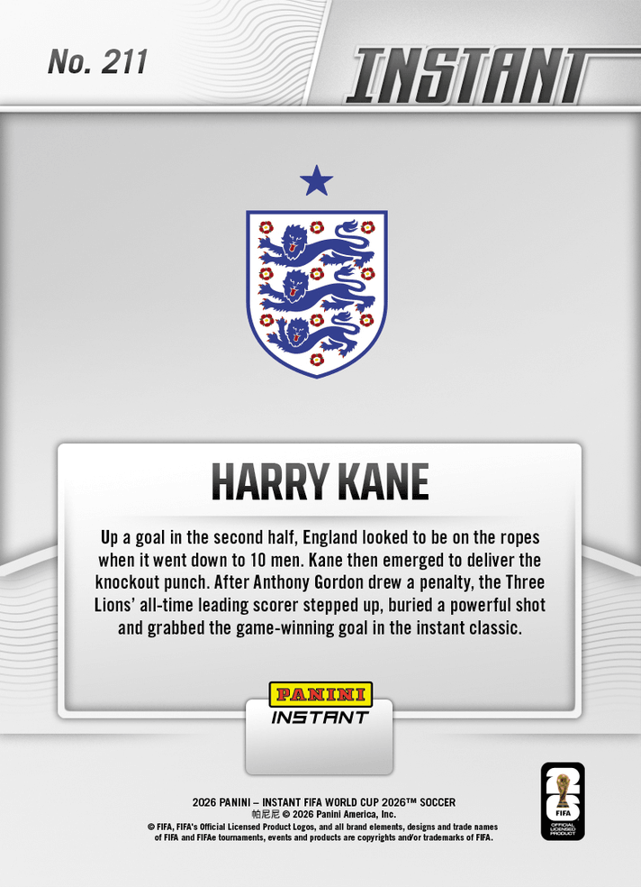 2026 Panini Instant FIFA World Cup Harry Kane #211 Captain Clutch Delivers on the Spot England Soccer Card