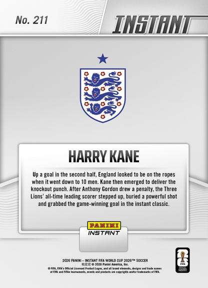 2026 Panini Instant FIFA World Cup Harry Kane #211 Captain Clutch Delivers on the Spot England Soccer Card