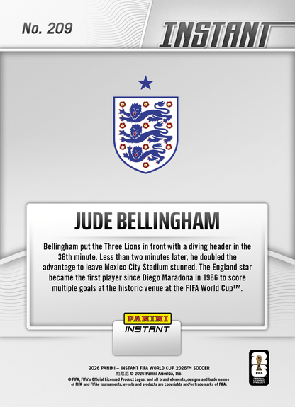 2026 Panini Instant FIFA World Cup Jude Bellingham #209 Bellingham Bags Stunning Brace in Mexico City England Soccer Card
