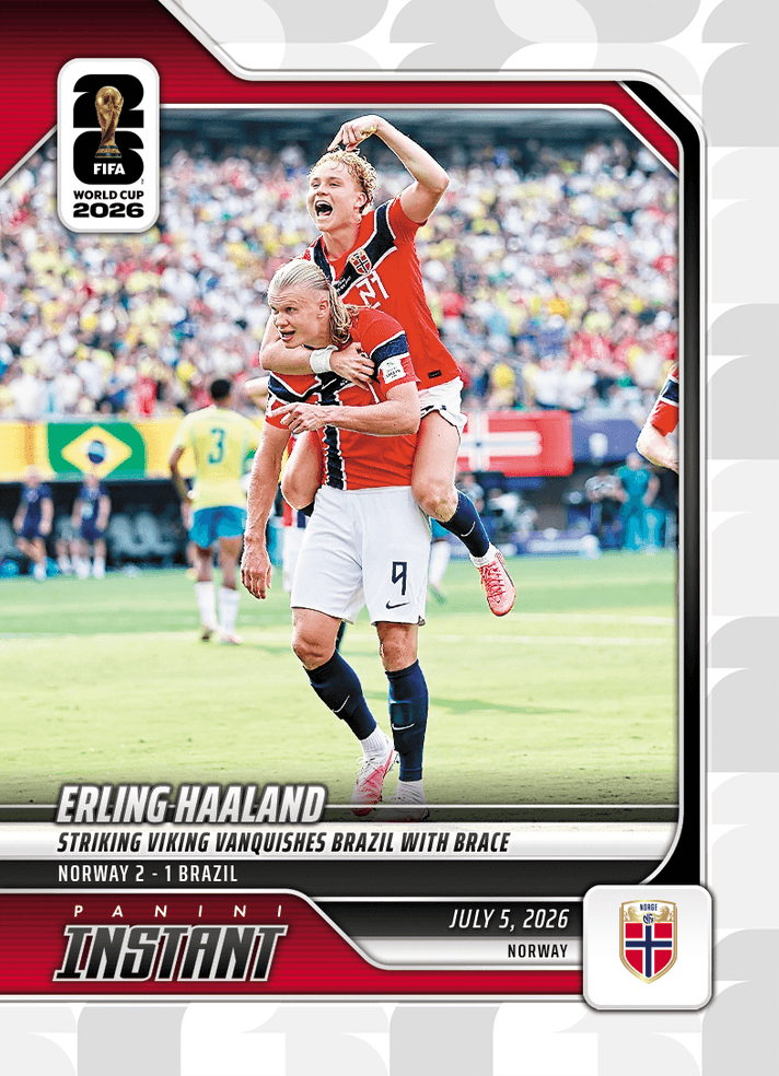 2026 Panini Instant FIFA World Cup Erling Haaland #205 Striking Viking Vanquishes Brazil with Brace Norway Soccer Card
