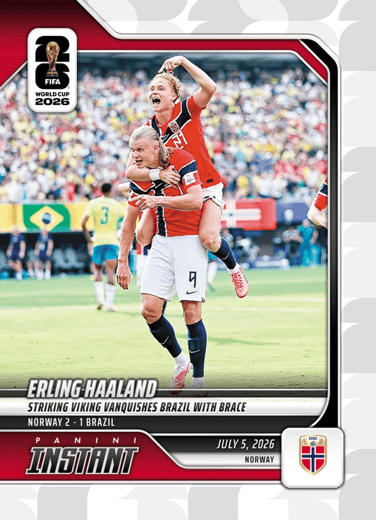 2026 Panini Instant FIFA World Cup Erling Haaland #205 Striking Viking Vanquishes Brazil with Brace Norway Soccer Card