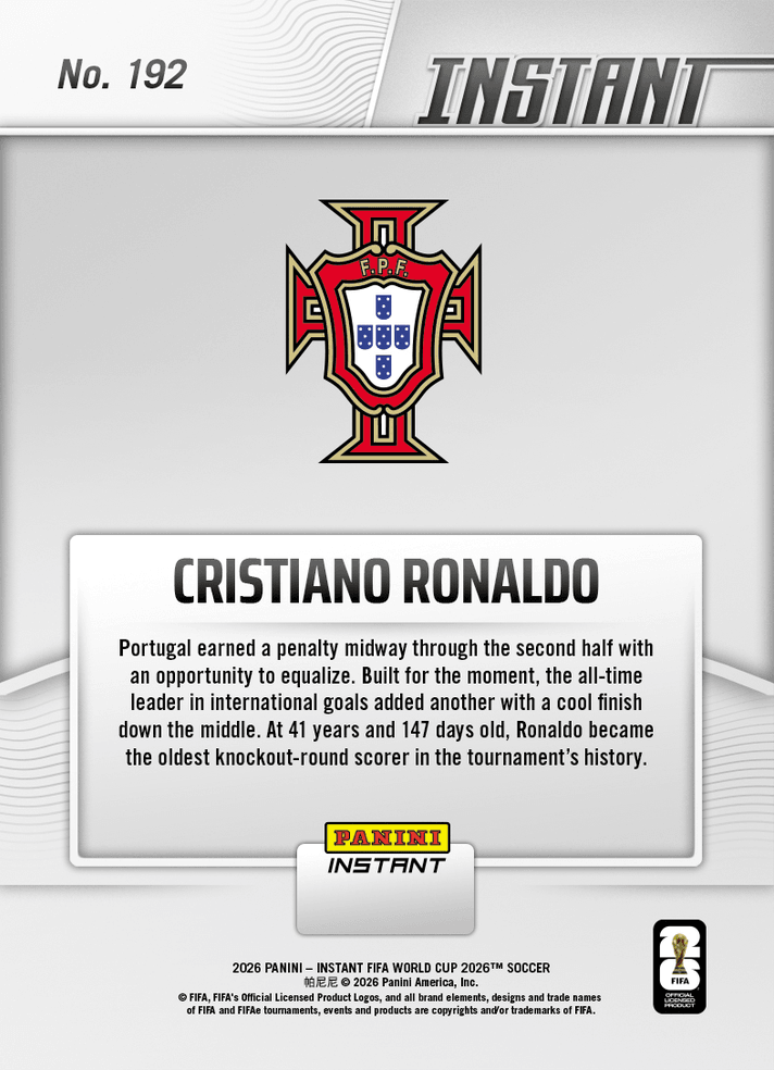 2026 Panini Instant FIFA World Cup Cristiano Ronaldo #192 Star Scorer Sparks Portugal with Record Goal Portugal Soccer Card